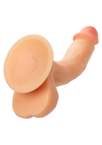 Vibrerende dildo met ronde kop en perzikbeige schacht, gebogen vorm