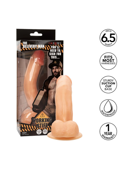 Vibrator-dildo met zuignapbasis, perzikbeige schacht en roze kop in doos