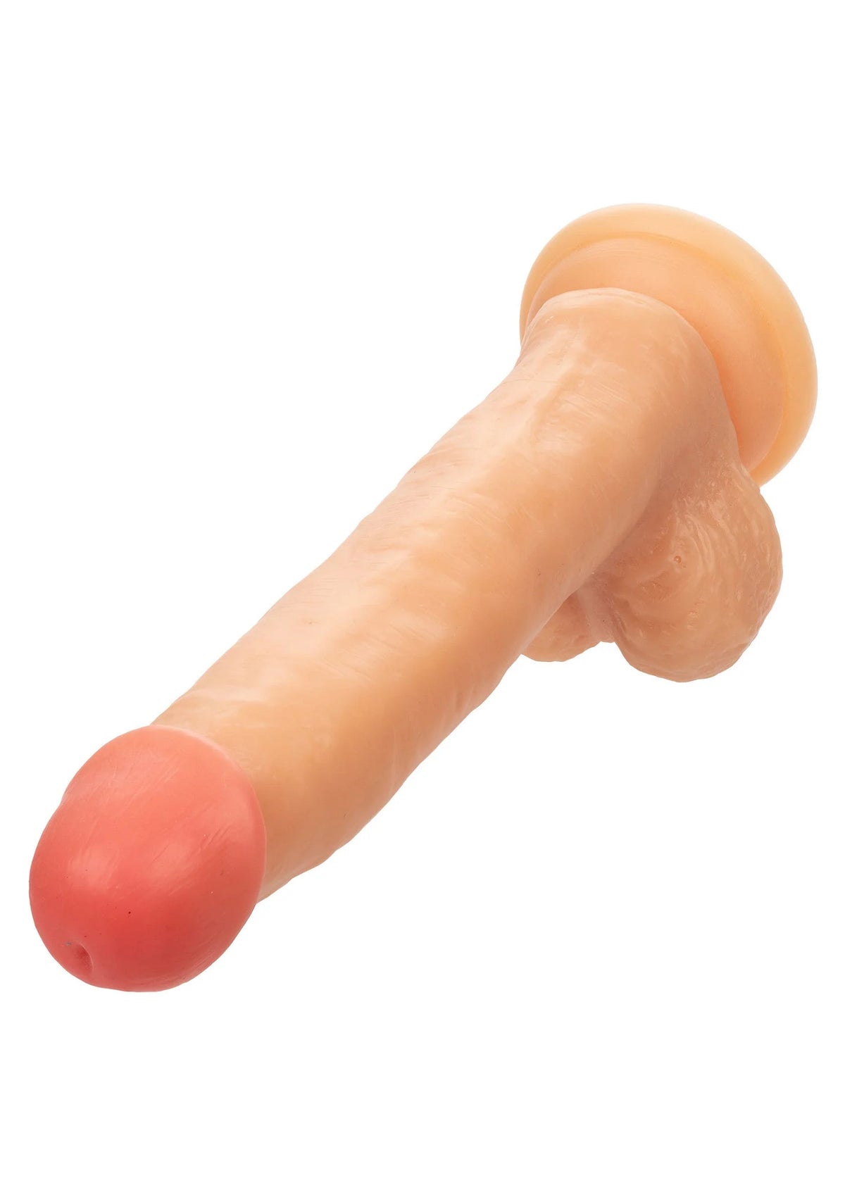 Close-up lichtroze dildo met afgeronde top en taps toelopende schacht