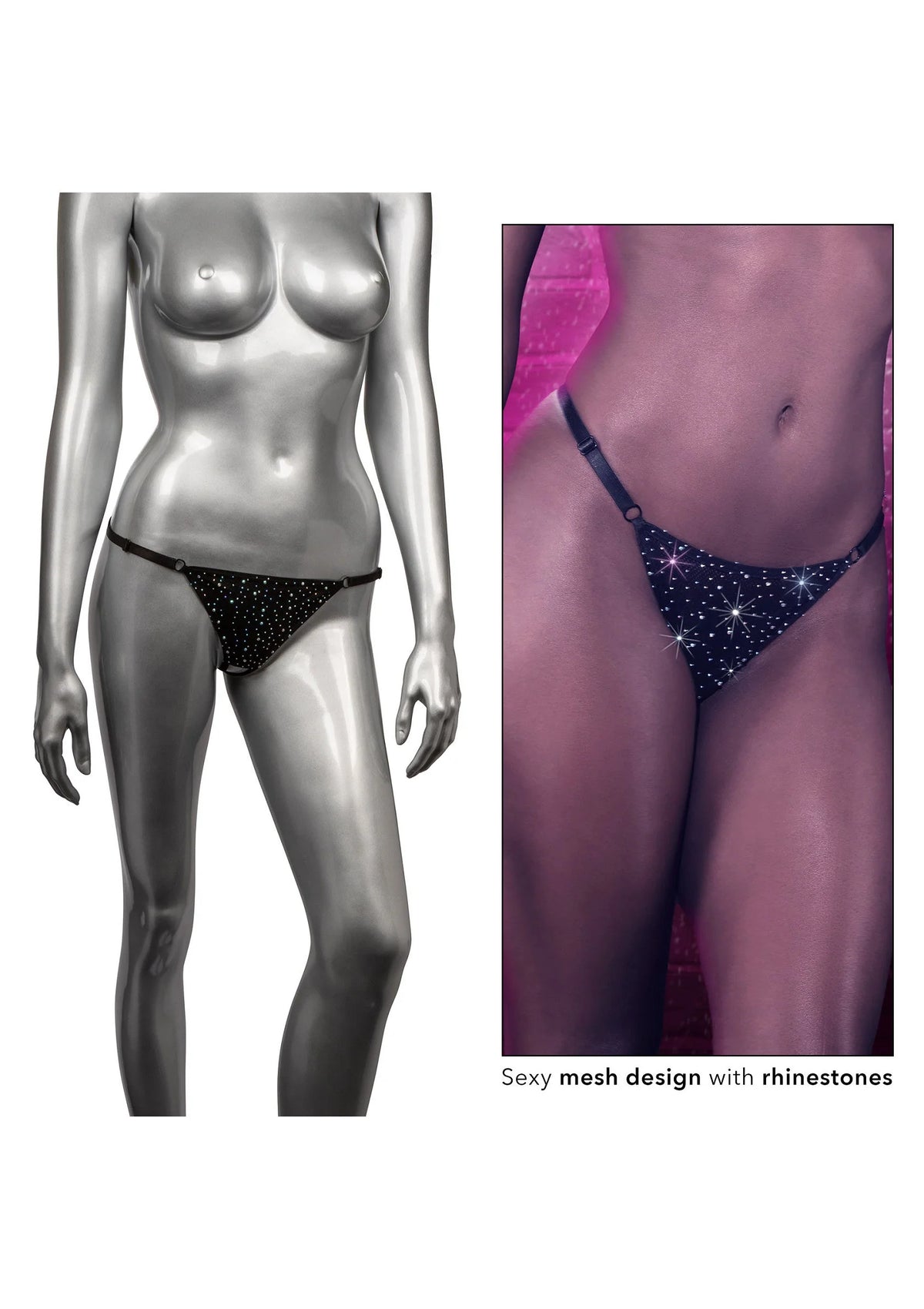 Crotchless mesh string met open kruis en fonkelende steentjes, opzet met dunne band
