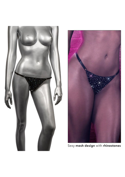 Crotchless mesh string met open kruis en fonkelende steentjes, opzet met dunne band