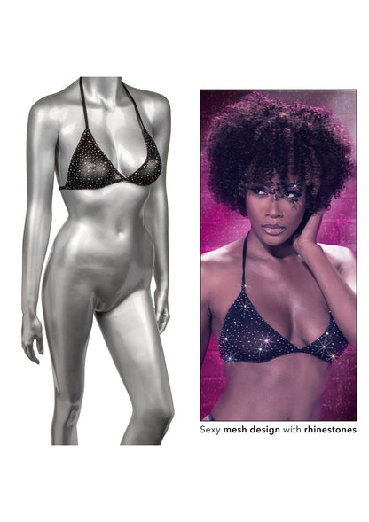 Driehoekbikinitop op mannequin: zwart mesh met steentjes, dunne bandjes