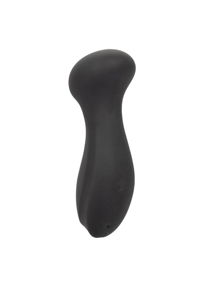 Zwarte mini massager met ronde, slanke vorm en brede onderkant