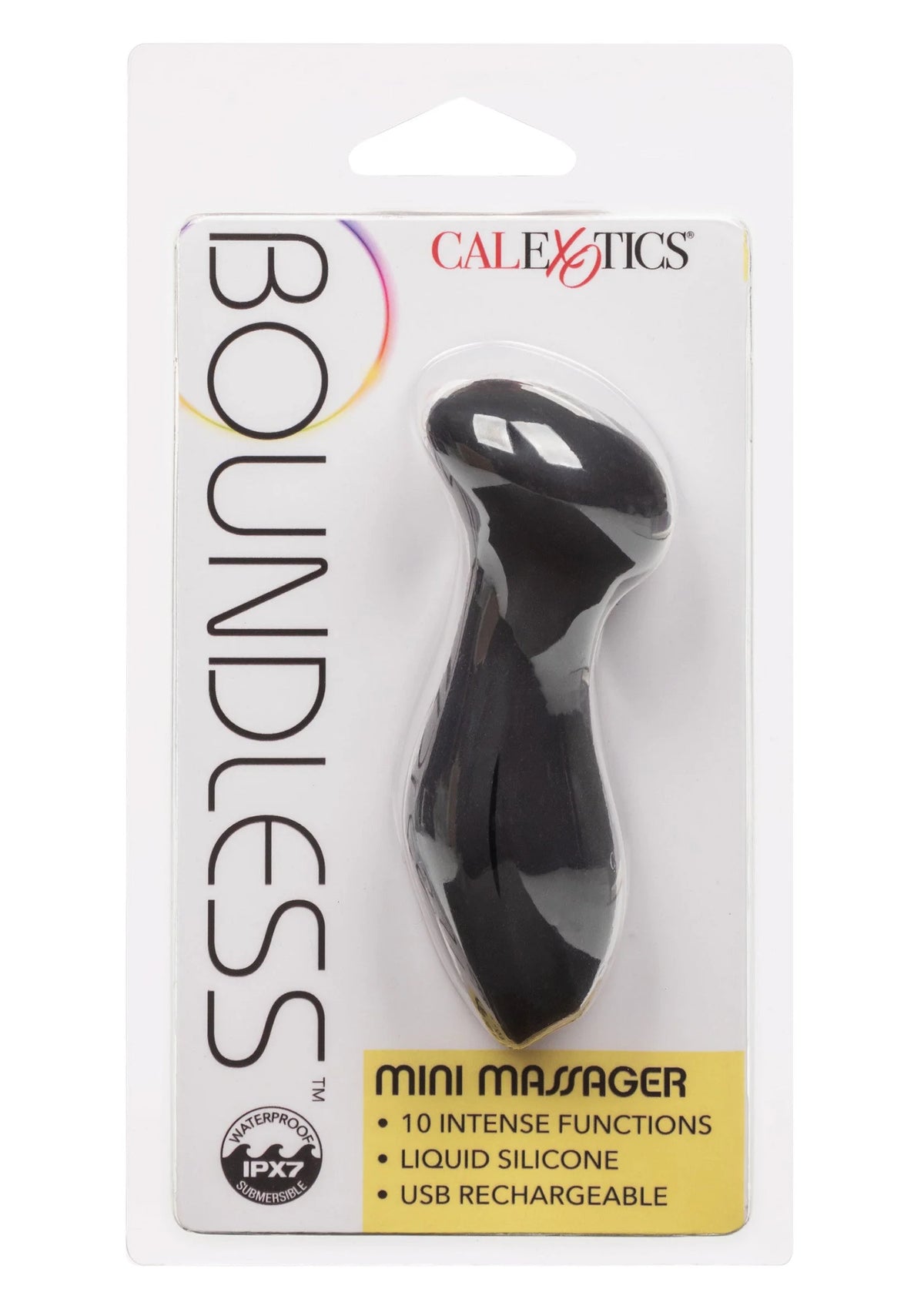 Verpakking van CalExotics mini massager met zwarte vloeibare siliconen vibrator
