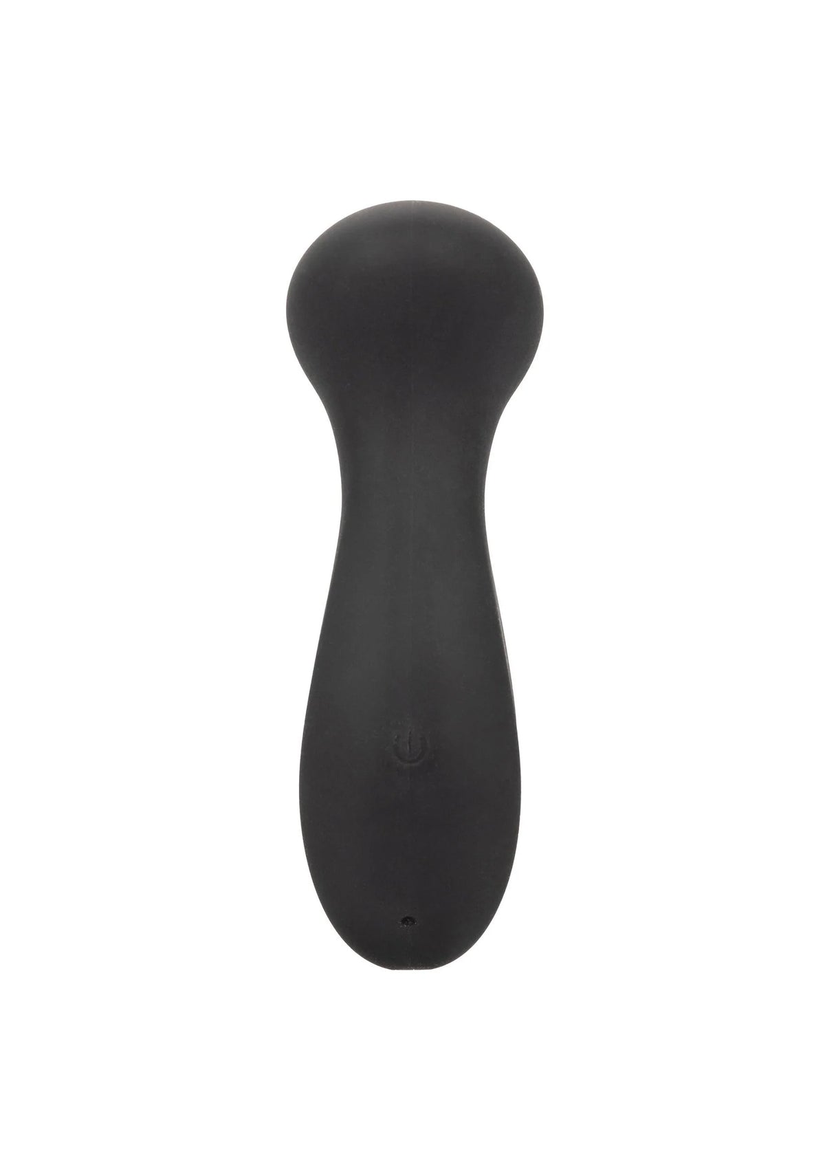 Zwarte mini massager met bolle kop en brede, taps toelopende achterkant