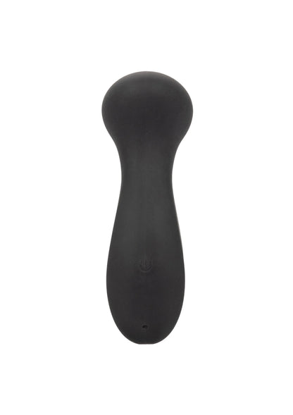 Zwarte mini massager met bolle kop en brede, taps toelopende achterkant