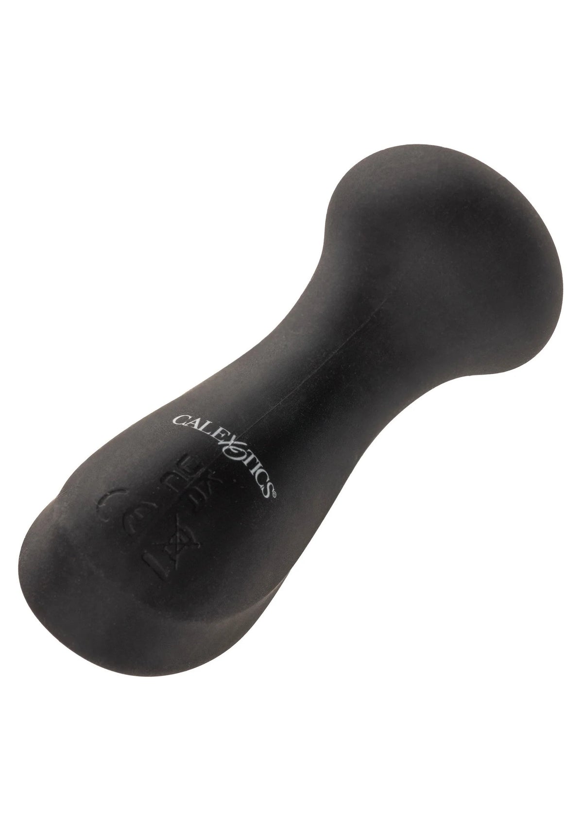 Zwarte mini massager, gebogen handvorm met logo op het oppervlak