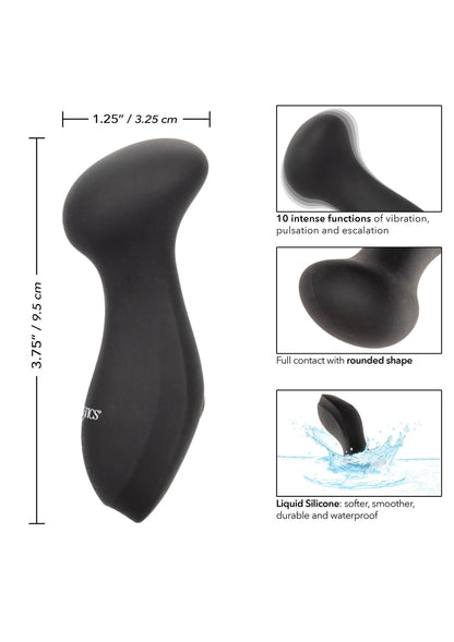 Zwarte mini massager met afgeronde kop en smalle hals, afmetingen links