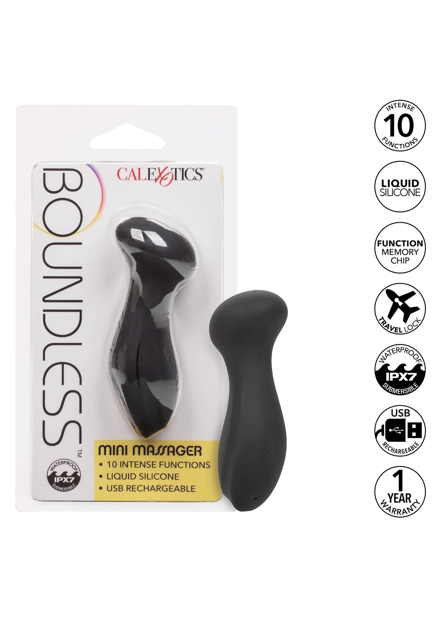 CalExotics mini massager verpakking met kenmerken en zwarte siliconen uitvoering