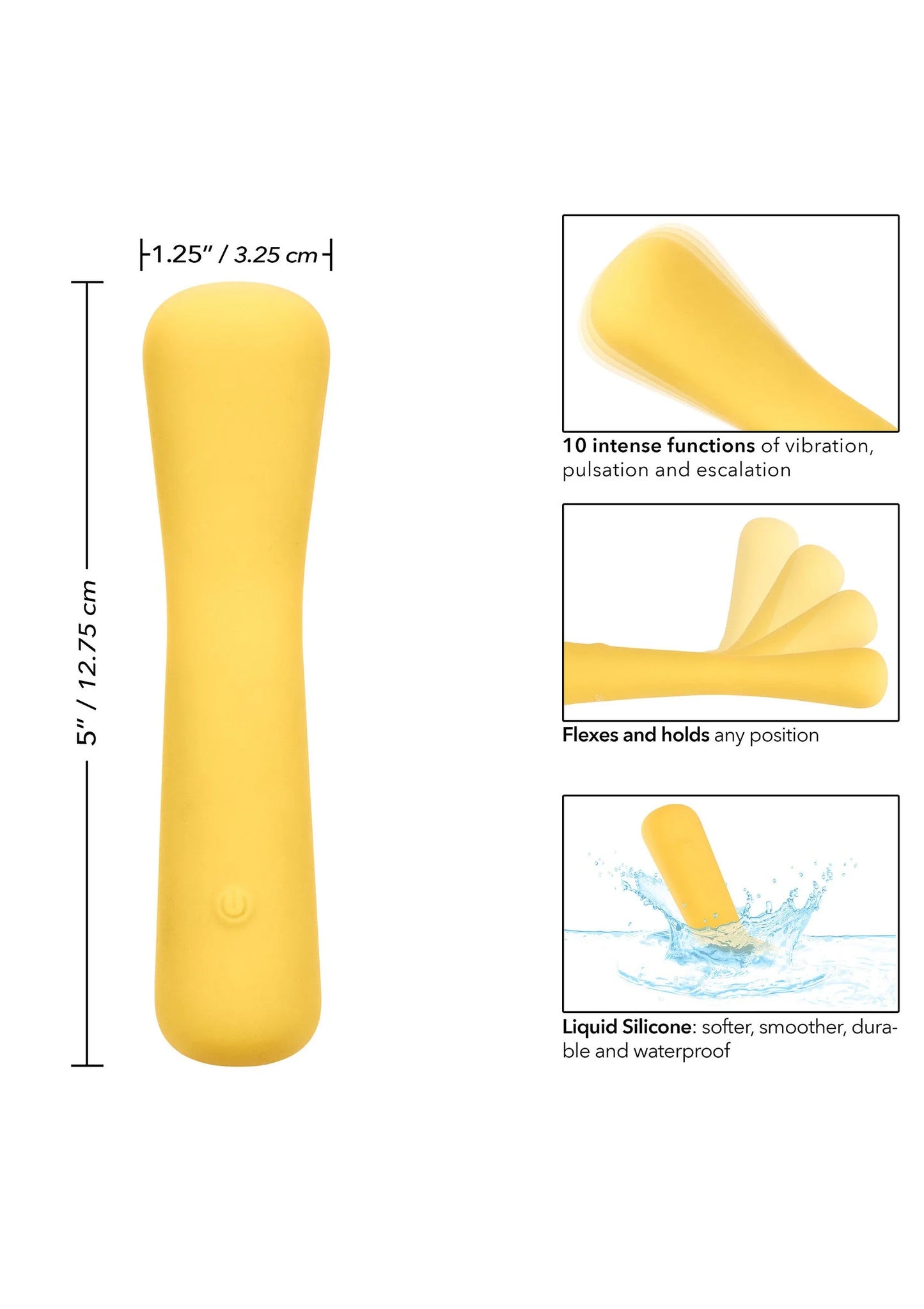 Gele mini flexibele vibratiestick van CalExotics, met afmetingen op kaart