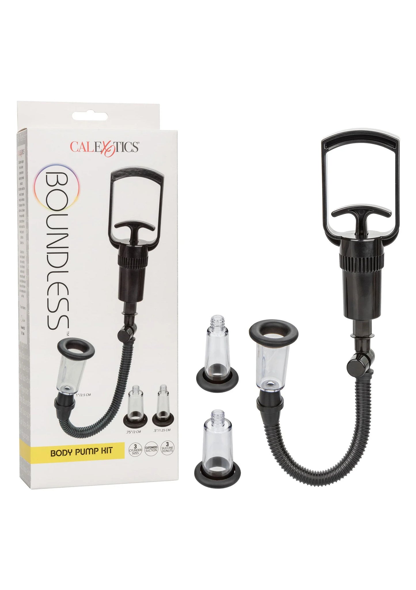 Body pump kit met zwarte handgreep, transparante cilinders en slang, inclusief doos