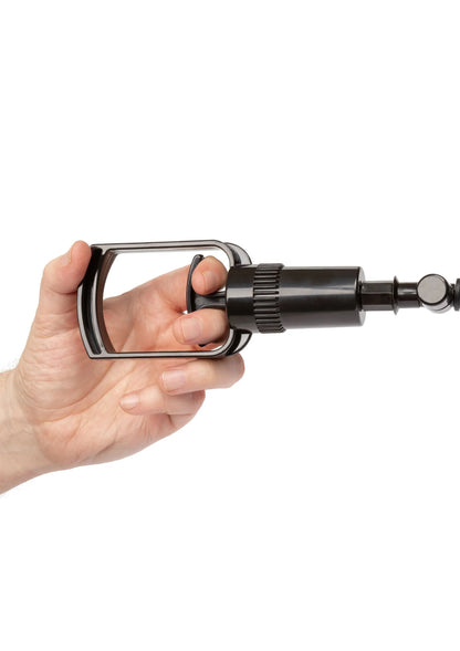 Handpomp met zwarte cilinder, ribbelgreep en metalen uiteinde