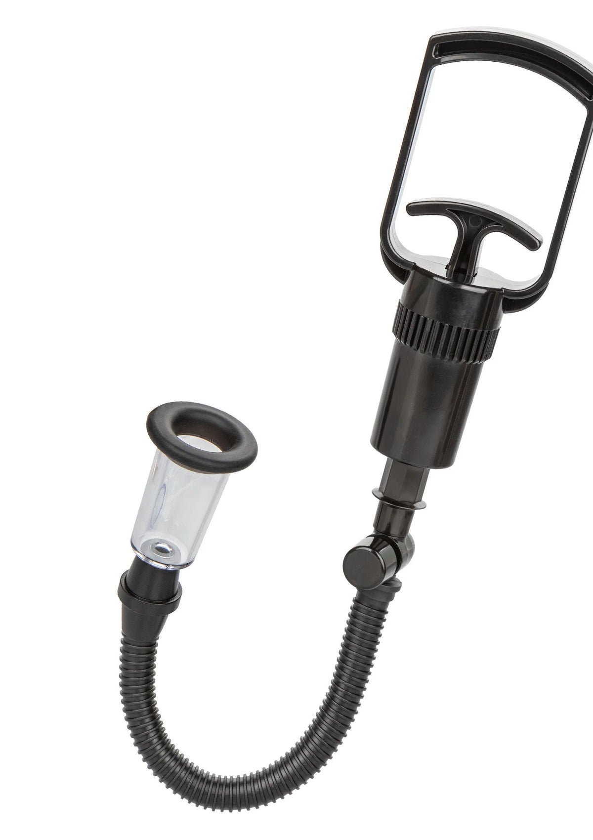 Body pump met zwarte handgreep en transparante zuigbuis, aansluitende ribbelslang