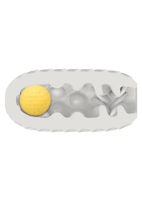 Squishy ball-stroker met gele bal in grijze binnenstructuur