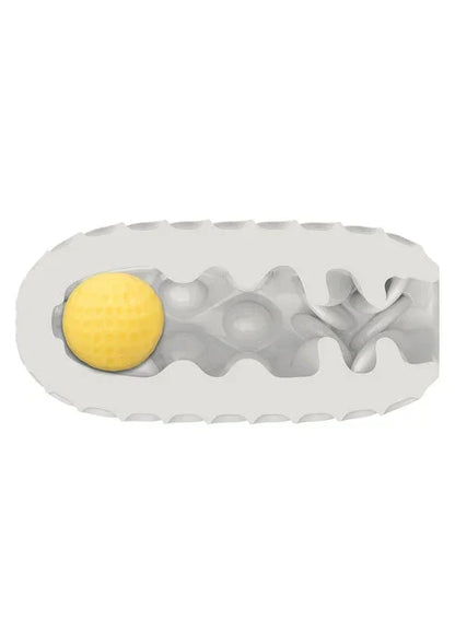 Squishy ball-stroker met gele bal in grijze binnenstructuur