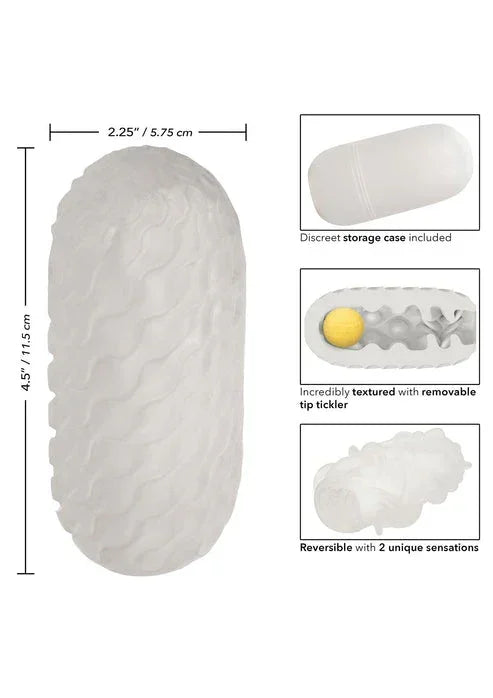 Witte squishy glij-roller met afmetingen en tekst over opberghoes en omkeerbare sensaties