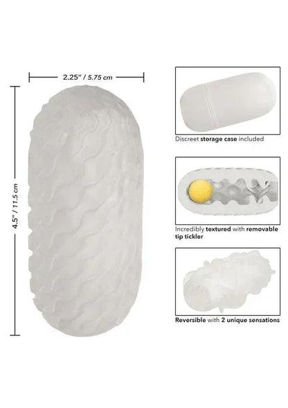 Witte squishy glij-roller met afmetingen en tekst over opberghoes en omkeerbare sensaties
