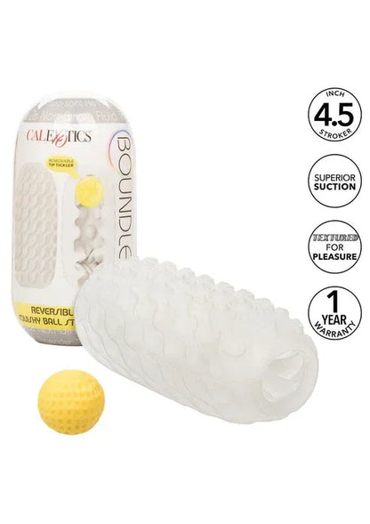 Witte squishy glij-roller met gele bal en CalExotics verpakking op de achtergrond