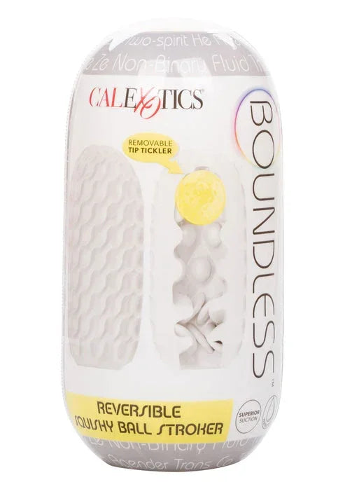 CalExotics Boundless squishy ball-stroker verpakking met gele bal en omkeerbare functie