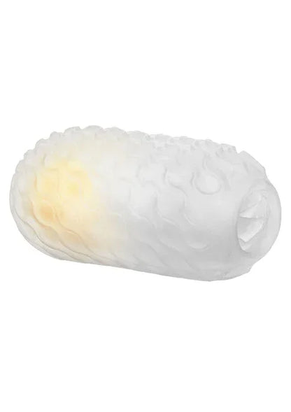 Squishy ball-stroker met gele bal zichtbaar aan één kant, witte huls met reliëf