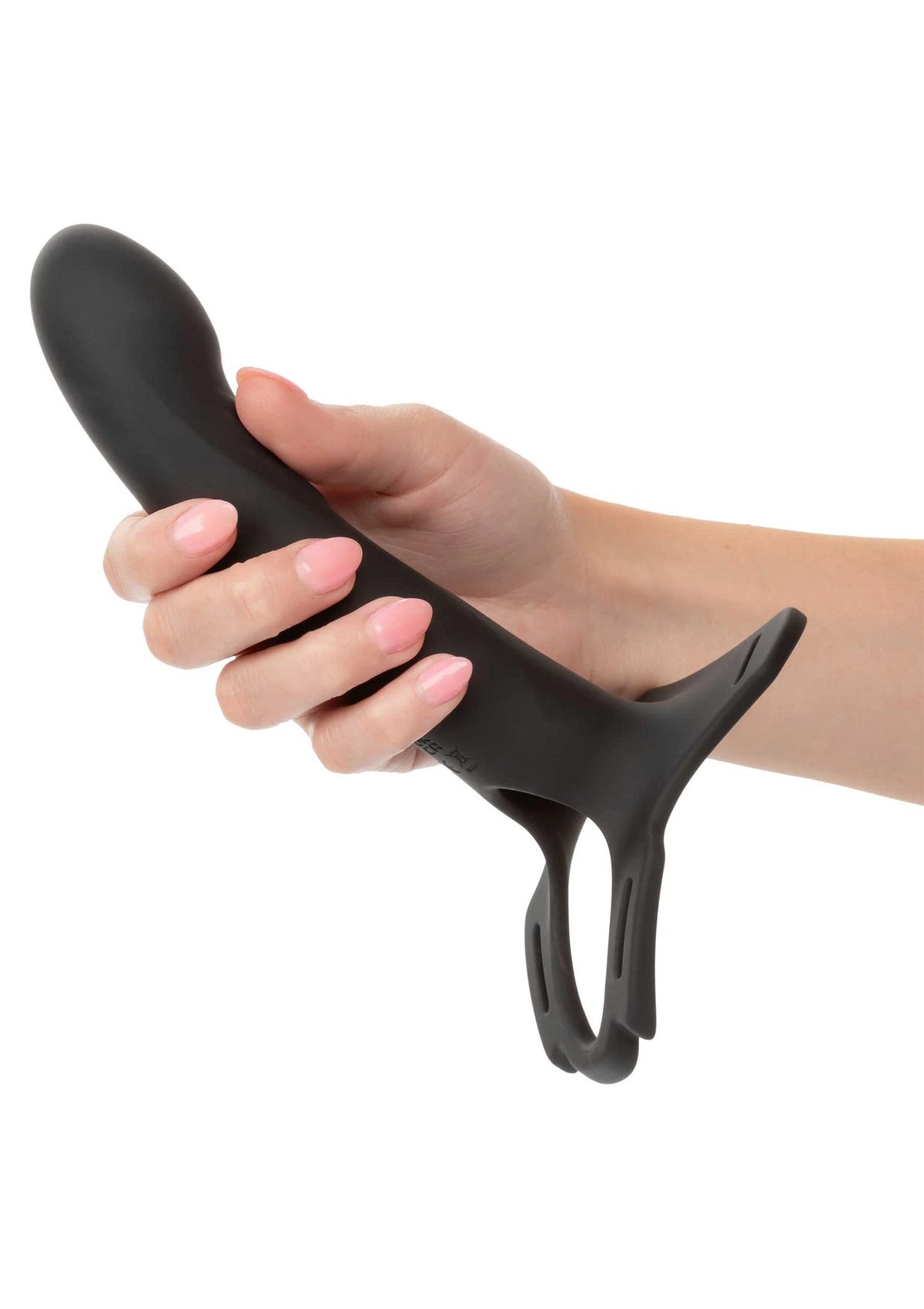 CalExotics Boundless zwart harnas-opzetstuk met brede flens, vastgehouden door hand