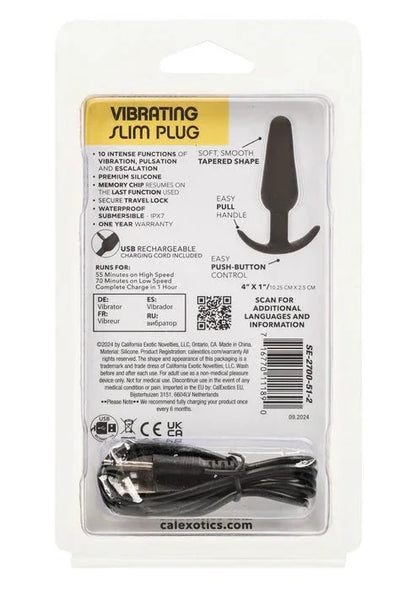 CalExotics Vibrating Slim Plug achterkant met specificaties en meegeleverde kabel
