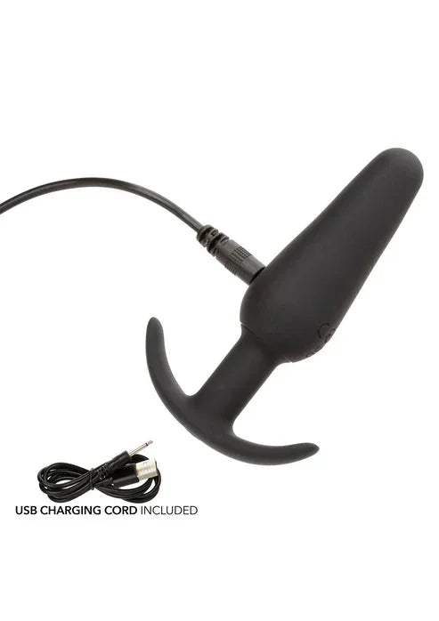 Zwarte slanke vibrerende plug met USB-laadkabel en aansluitstuk