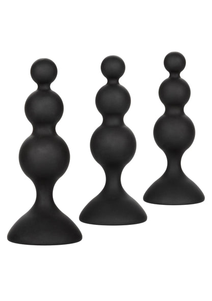 Zwarte siliconen anale beads set in drie staande vormen