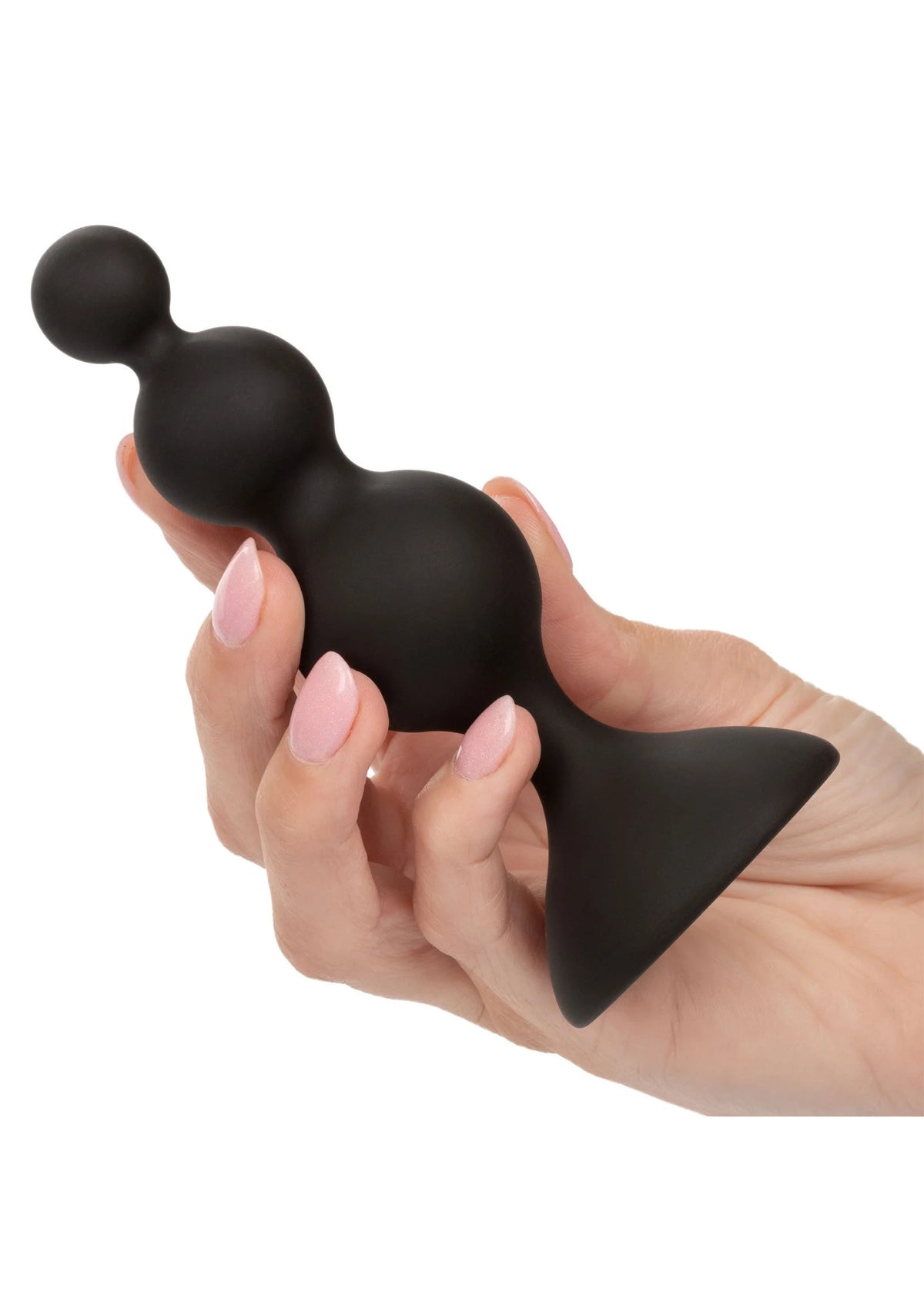 Zwarte siliconen anale beads kit vastgehouden, ronde bolletjes en taps toelopende basis