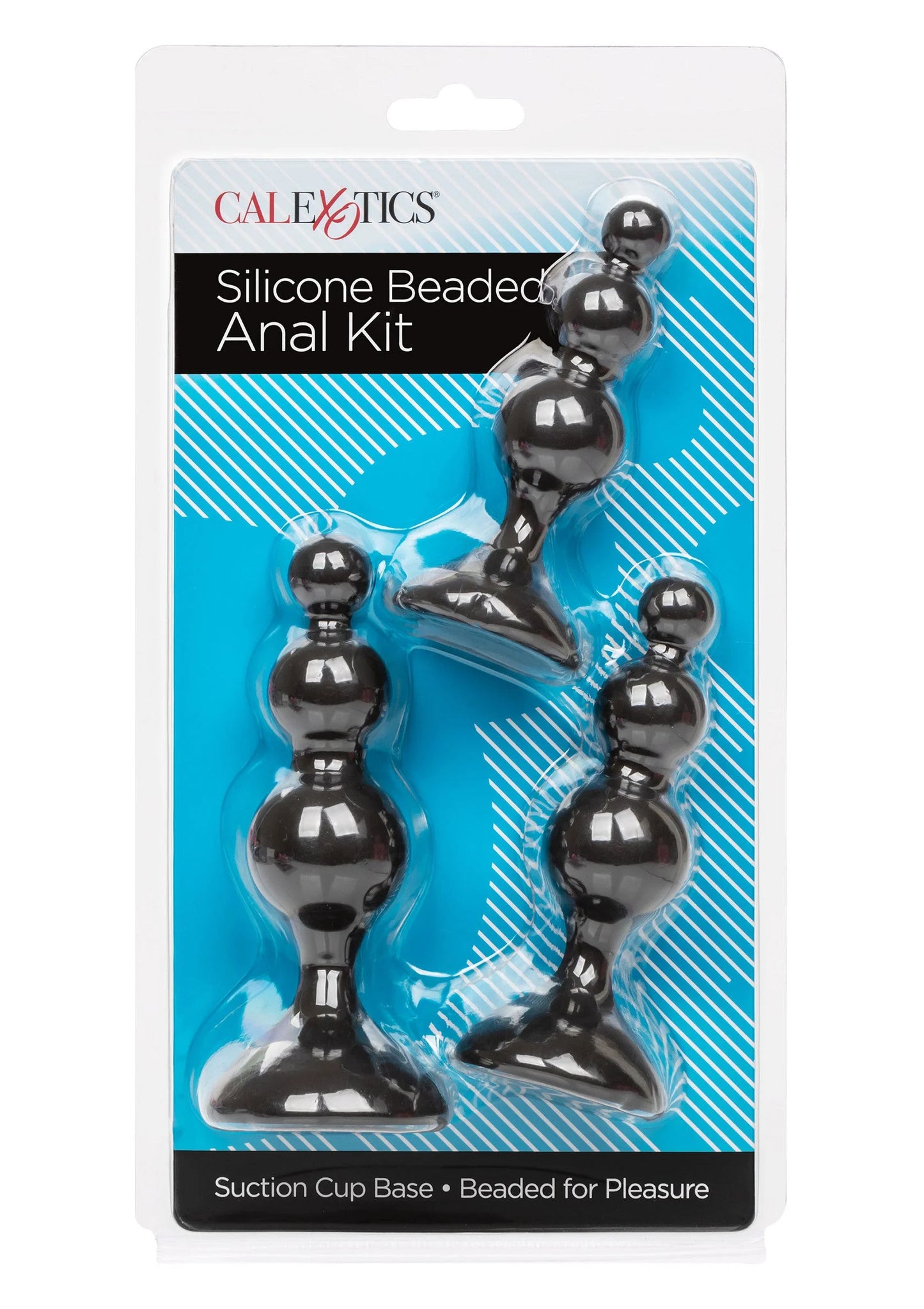 CalExotics siliconen anale beads kit op blisterverpakking met zuignapbasis