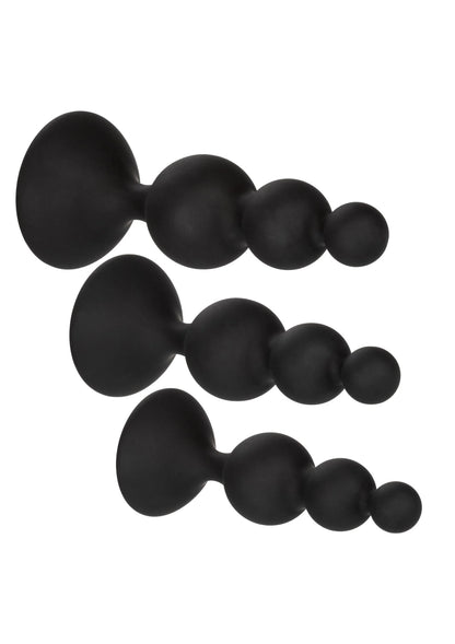 Silikonnen anale kralenplug set met drie uitvoeringen, ronde knoppen op steel, zwart