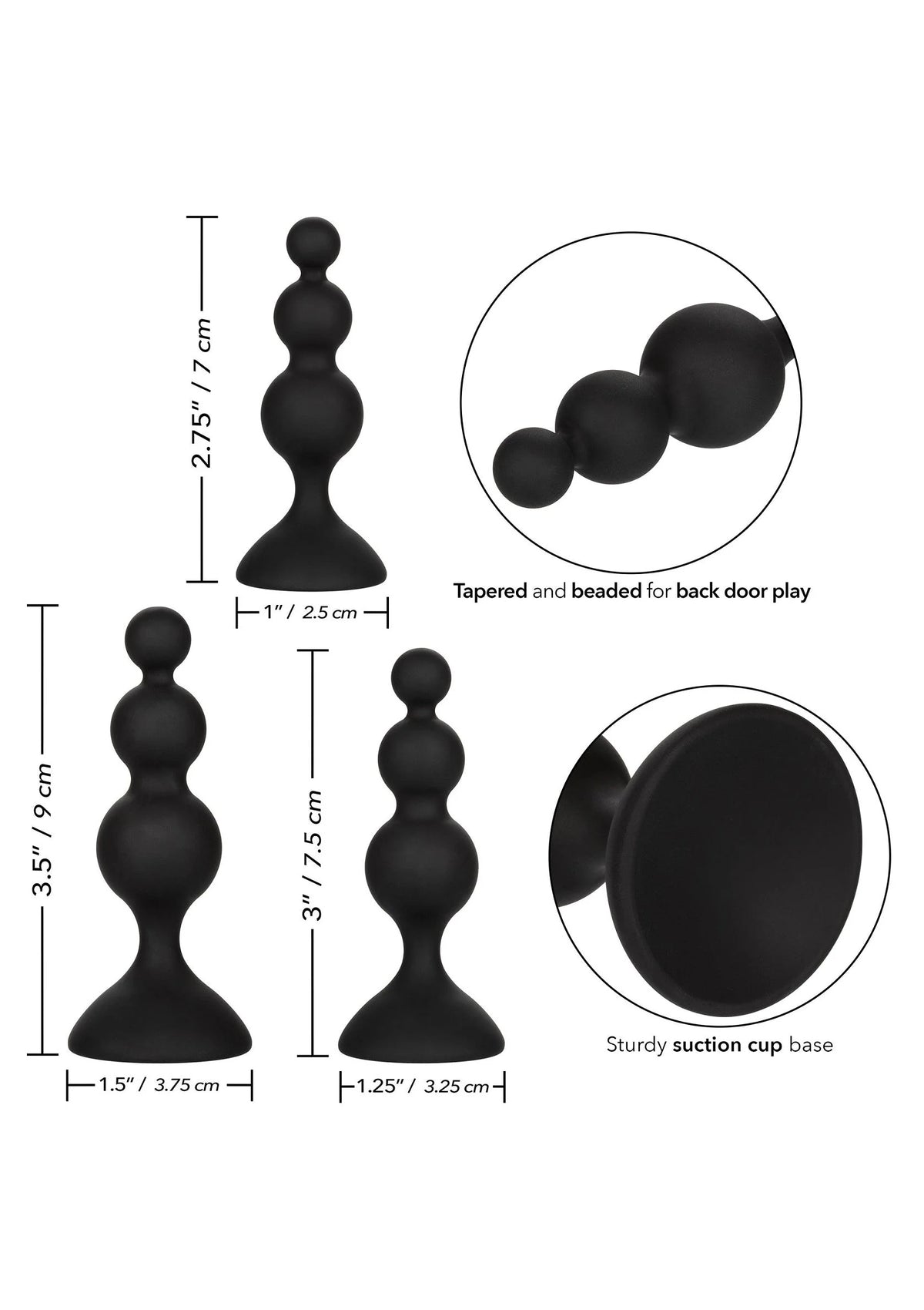Zwarte siliconen anale beads kit met afmetingen en zuignapbasis