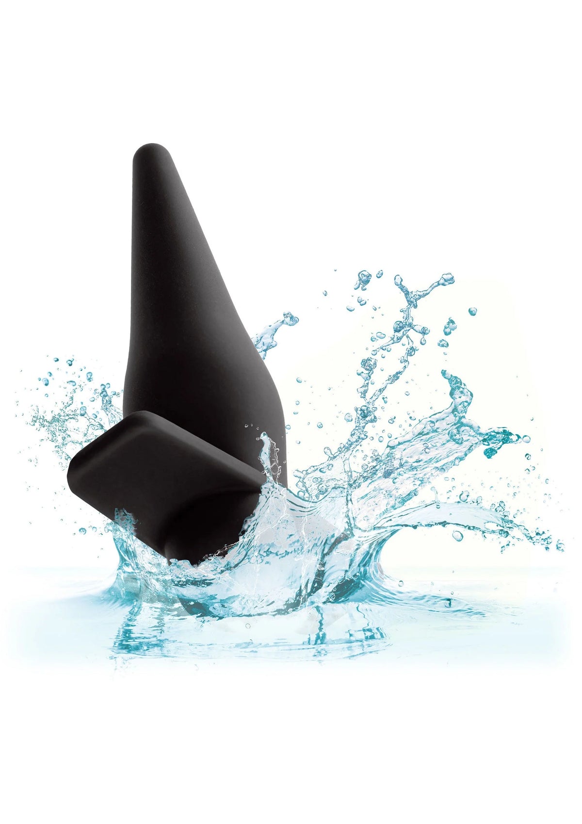 Paarse siliconen probe met waterspatten, taps toelopende punt en brede basis.