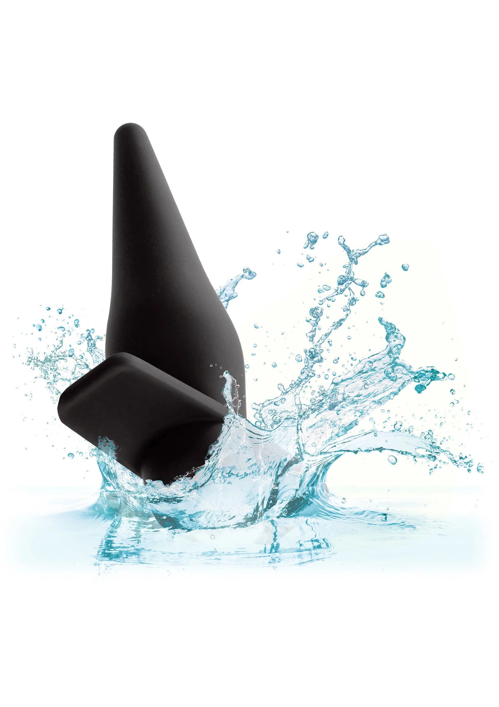 Paarse siliconen probe met waterspatten, taps toelopende punt en brede basis.