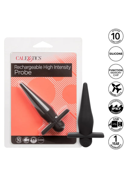 CalExotics oplaadbare high intensity probe, zwarte siliconen, set in productverpakking.