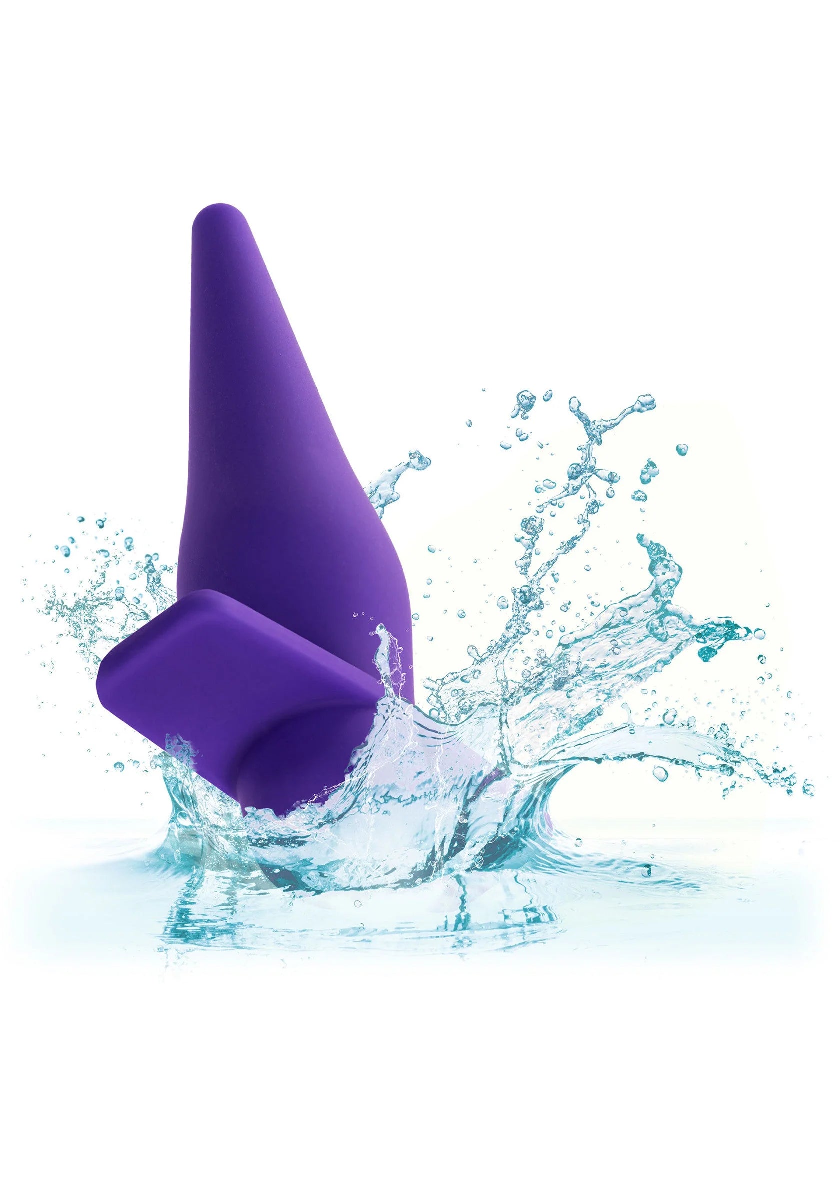 Paarse siliconen probe met waterspatten, taps toelopende punt en horizontale steun.