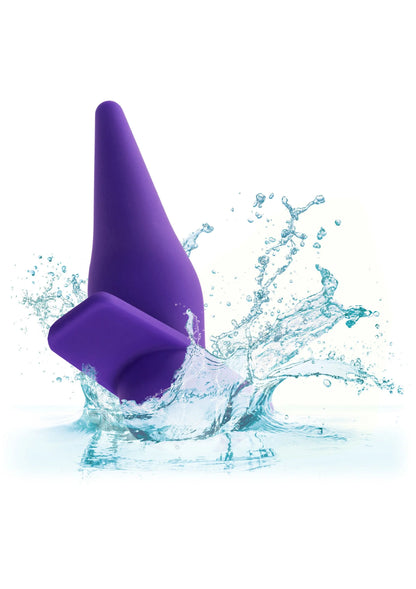 Paarse siliconen probe met waterspatten, taps toelopende punt en horizontale steun.