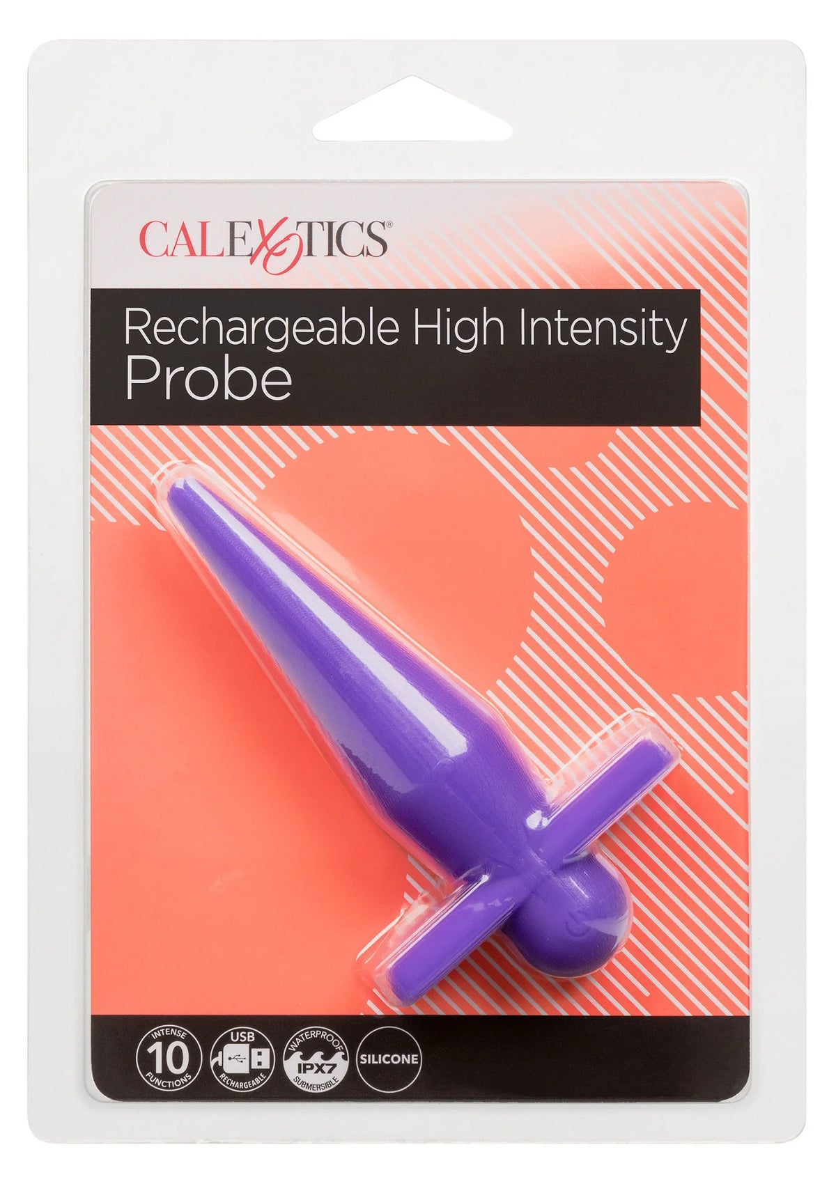 Verpakking van CalExotics oplaadbare high-intensity probe met paarse illustratie