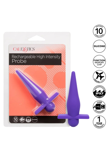 Verpakking van CalExotics oplaadbare high-intensity probe, paarse probe en keurmerken