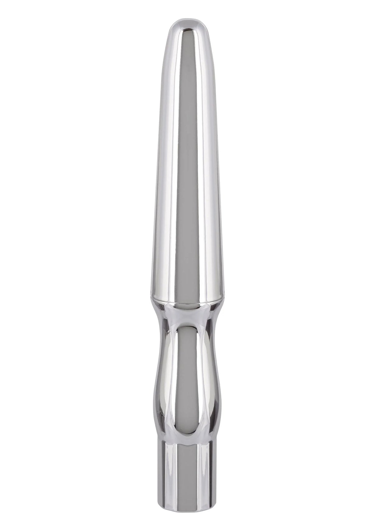 Oplaadbare anale probe, zilverkleurige cilindrische vorm met glanzende metalen afwerking.