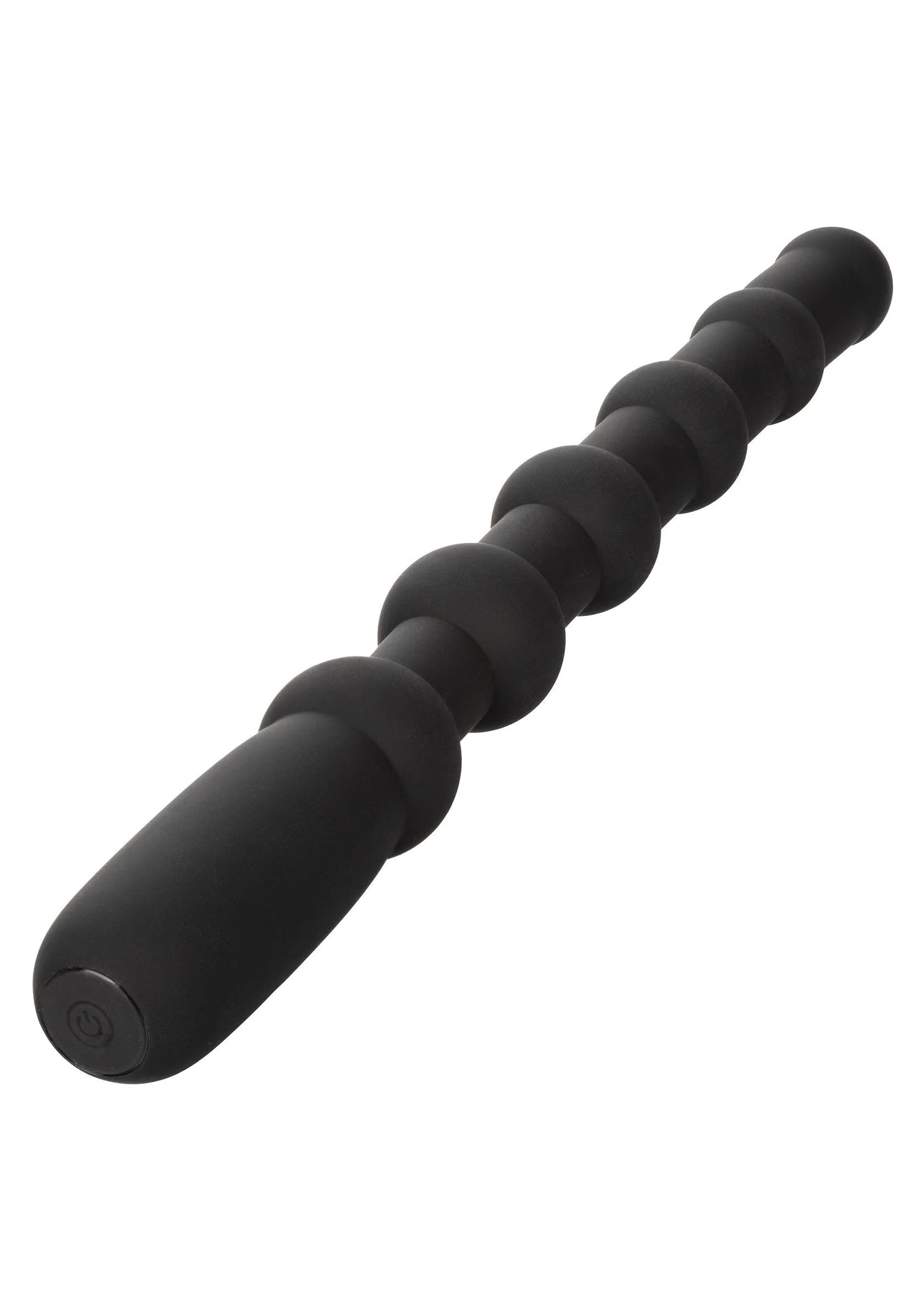 Zwarte siliconen rechargeable kralenplug met afgeronde segmenten en brede voet.