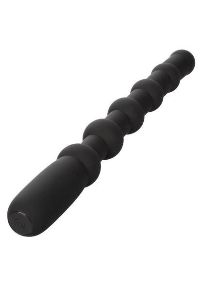 Zwarte siliconen rechargeable kralenplug met afgeronde segmenten en brede voet.