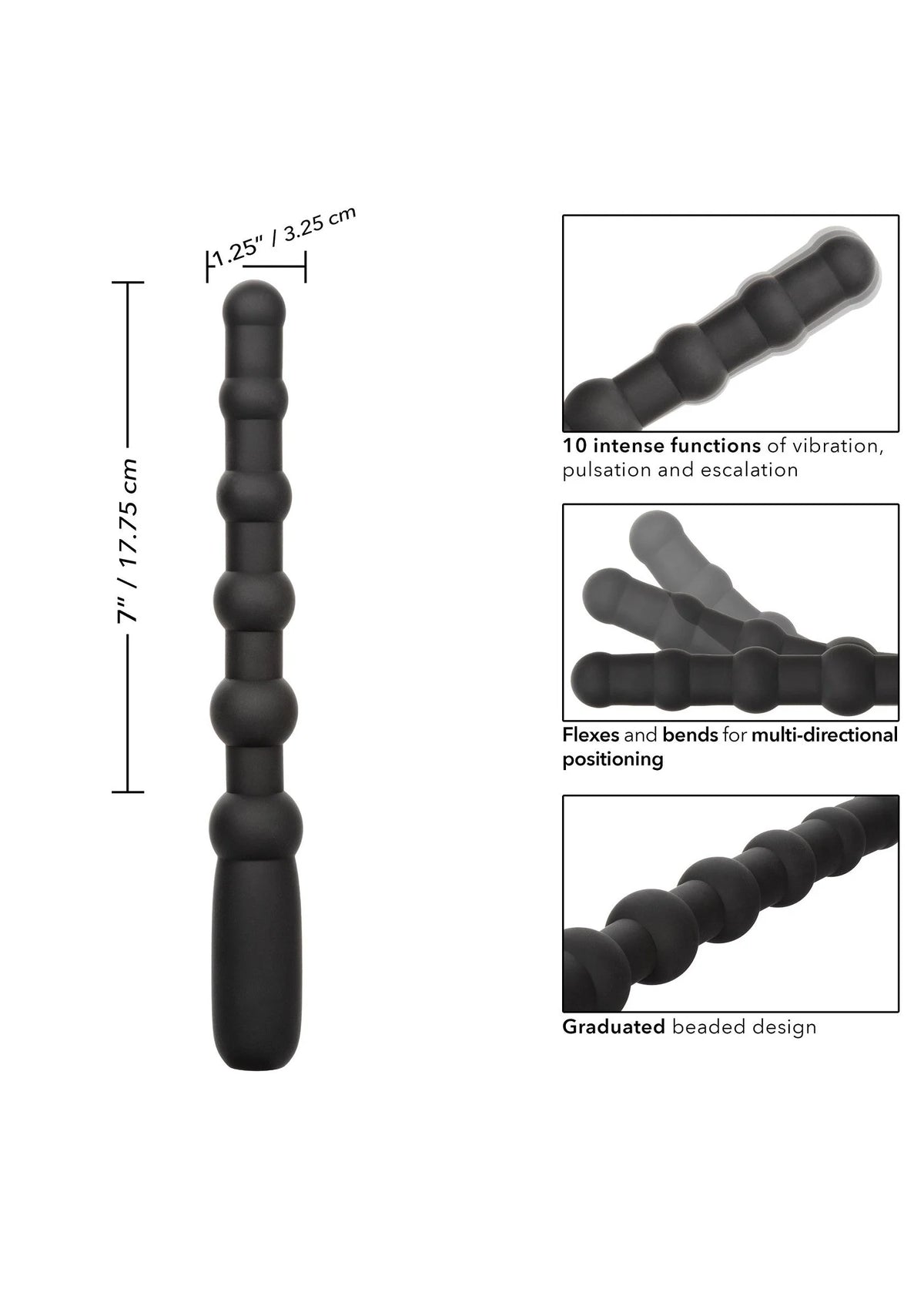 Zwarte siliconen kralenplug met afgeronde, gegradueerde segmenten en lange steel.