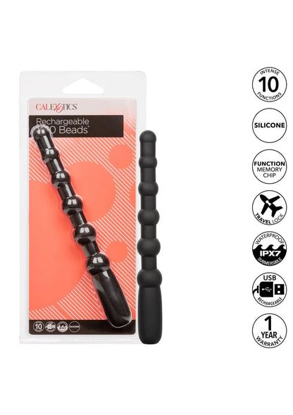 Zwarte rechargeable kralenplug in verpakking met rechte, afgeronde segmenten.