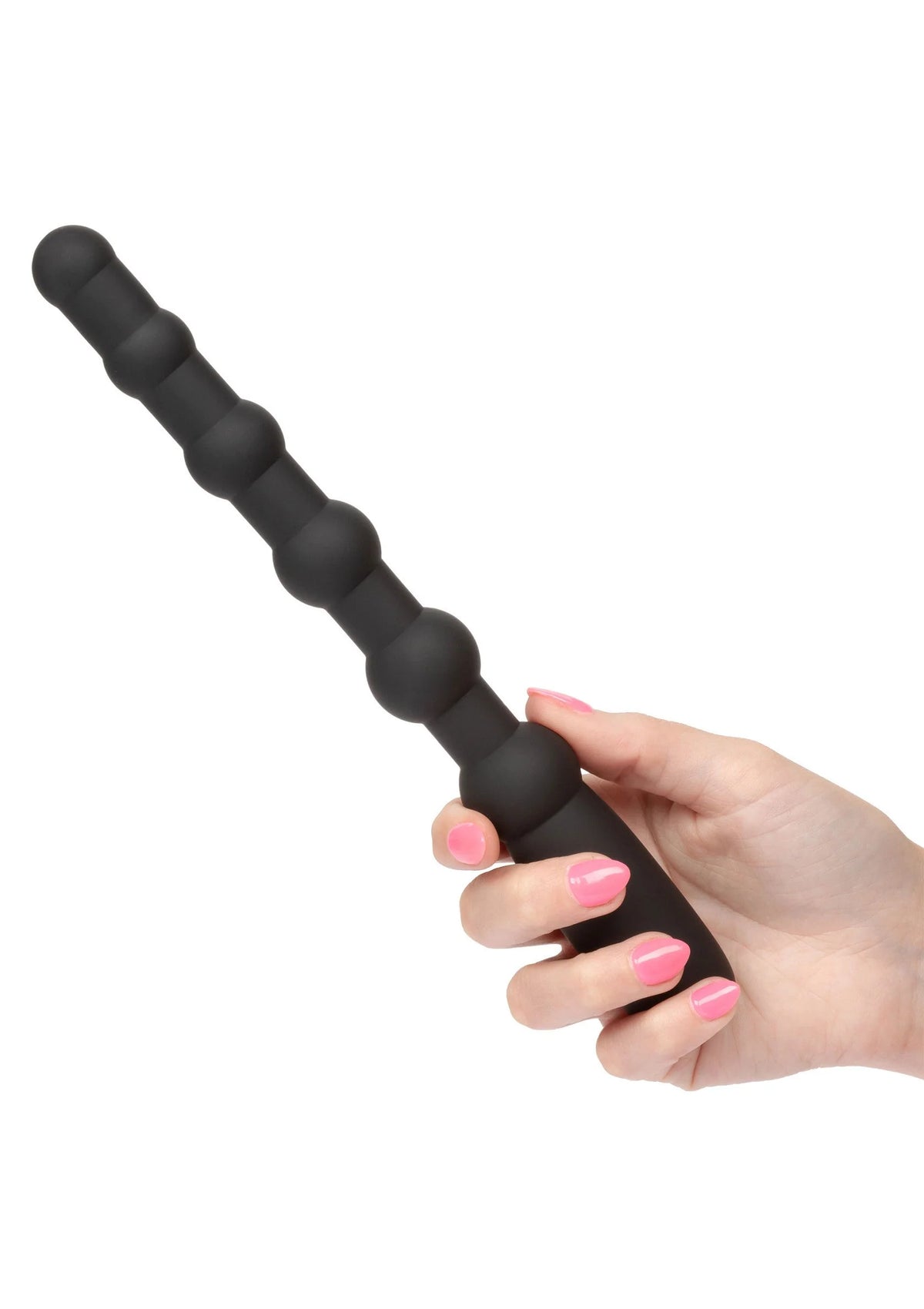 Zwarte kralenplug vastgehouden in hand, afgeronde segmenten en smalle top.