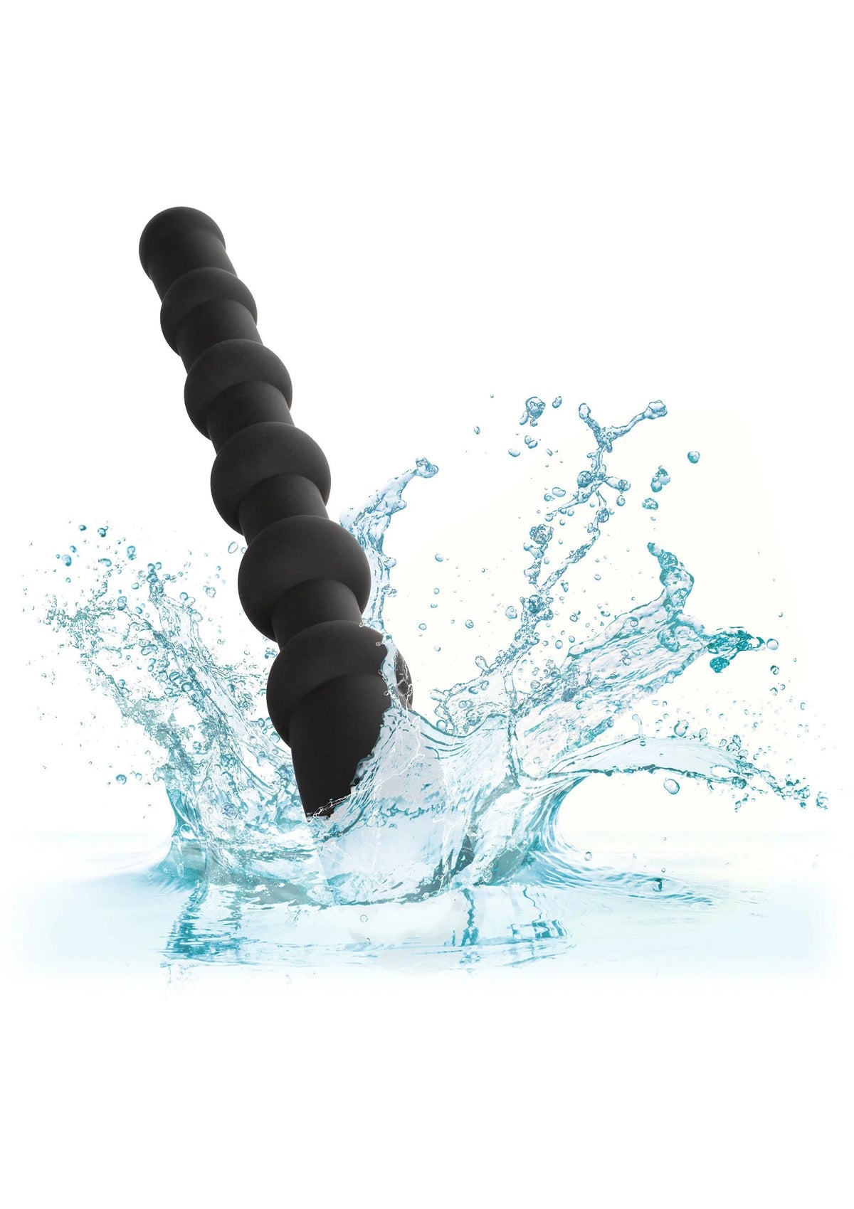 Zwarte siliconen kralenplug met waterdruppels rond de afgeronde segmenten.