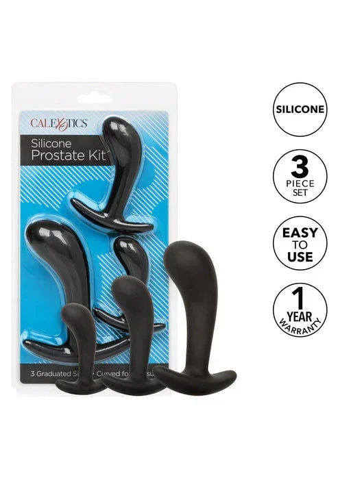 Siliconen Prostate Kit 3-delige set met drie gebogen plugs, mat zwart