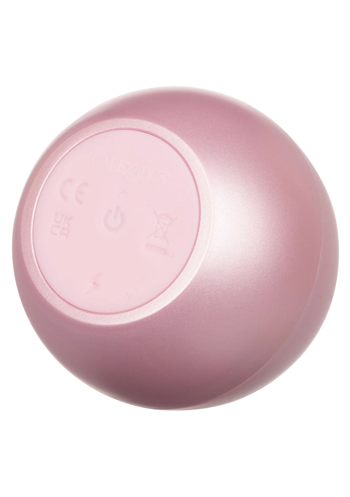 Opal Smooth massager van CalExotics, onderzijde met keuringspictogrammen op roze bol
