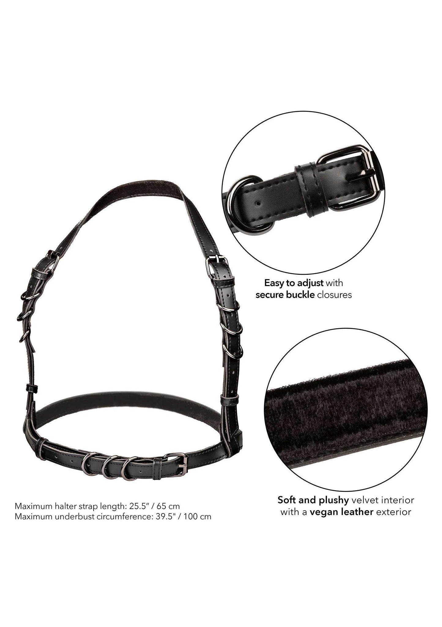 Zwart halter-buckle harnas met secure gespsluiting en pluche velvet binnenkant