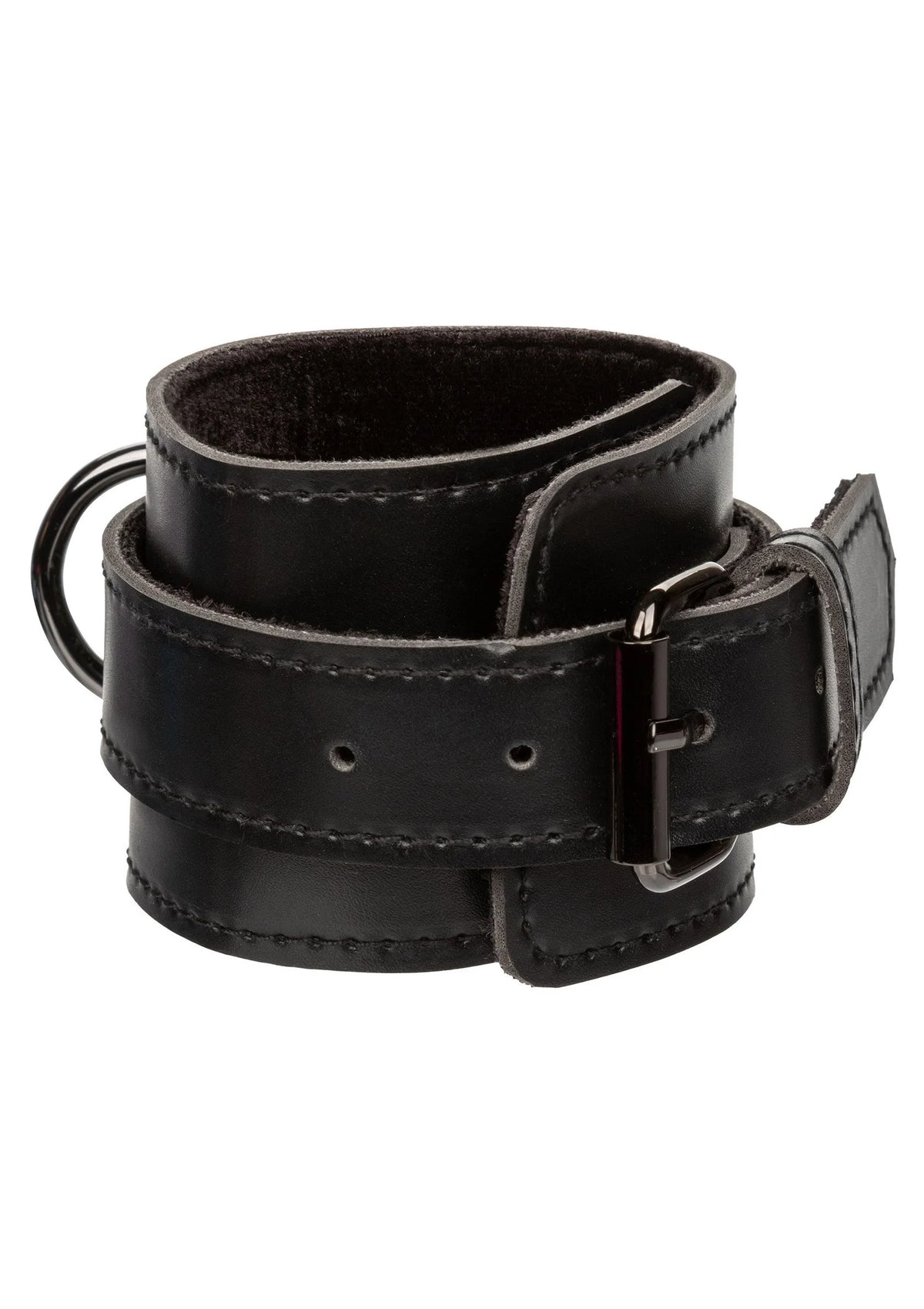 Zwarte leren boei met gespsluiting en metalen ring, zichtbare stiksels